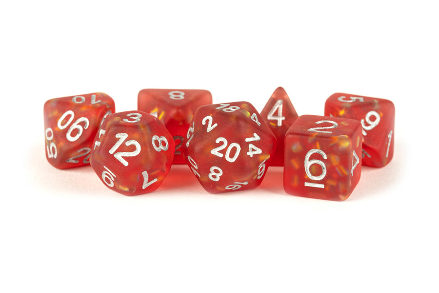 Metallic Dice Games - Resin Icy Opal Dice Set Polyhedral - Red with Silver Numbers