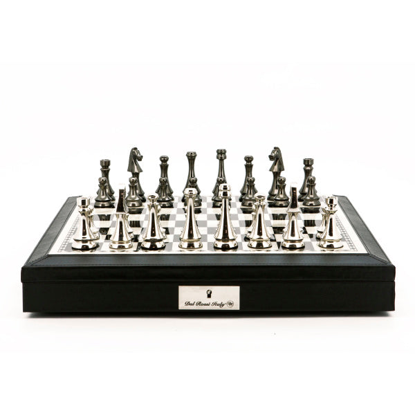 Dal Rossi 18inch Chess Set Black and White with PU Leather Edge with compartments and Black and White 85mm Chess Pieces