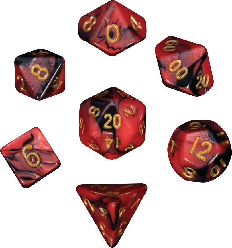 Metallic Dice Games - Mini Polyhedral Dice Set Gold Numbers- Red/Black