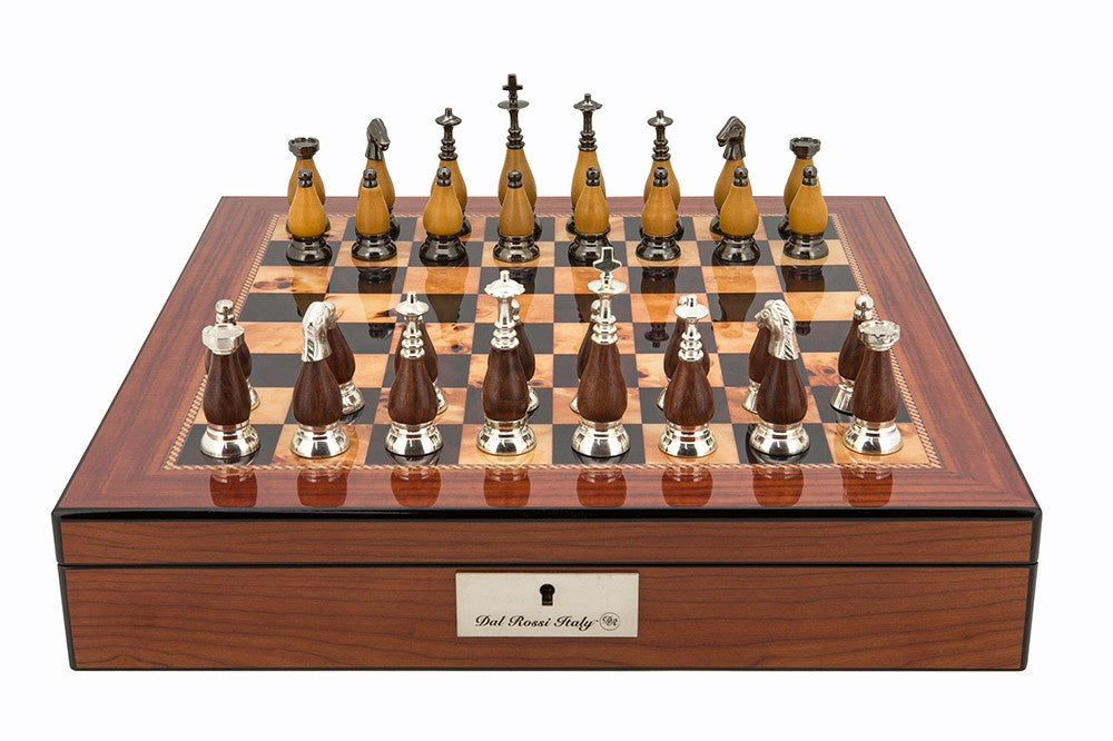Dal Rossi Chess Set Staunton Metal/Wood on 16 Shiny Walnut Box Board