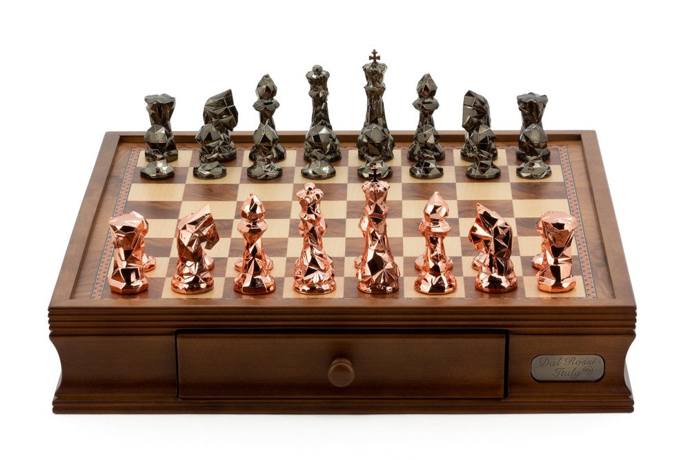 Dal Rossi Italy Chess Set with Diamond-Cut Copper &amp; Bronze 85mm chessmen on a Walnut Finish Chess Box 16 with Drawers