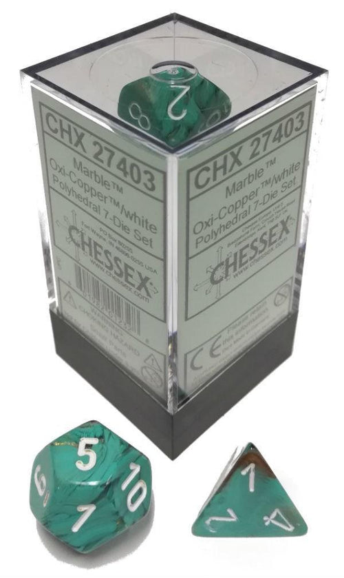 Chessex - Dice Sets: Marble Mini-Polyhedral Oxi-Copper / white 7-Die Set