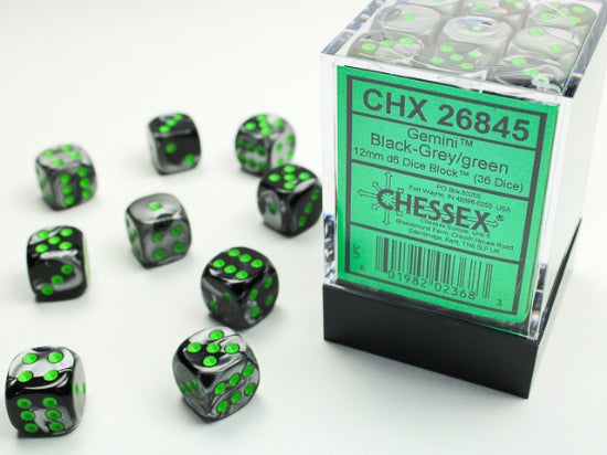 Chessex D6 Gemini 12mm d6 Black-Grey/green Dice Block (36 dice)