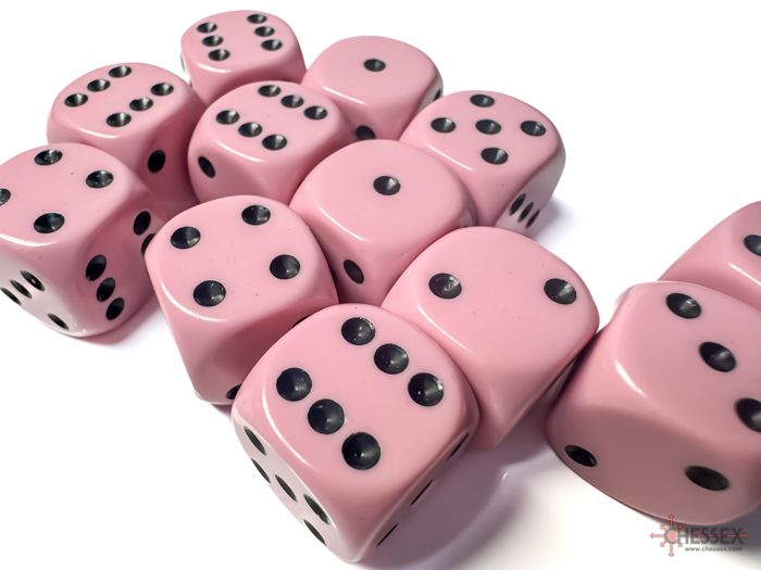 Opaque 16mm d6 Pastel Pink/black Dice Block (12 dice)