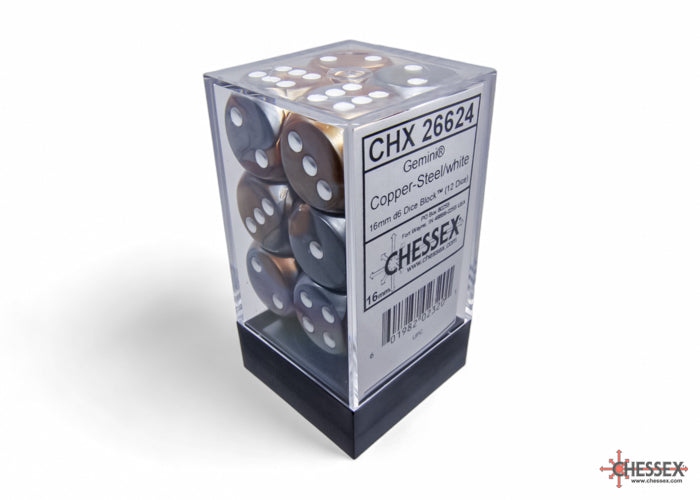 Chessex Gemini 16mm D6 Copper-Steel/White (12) (CHX 26624)