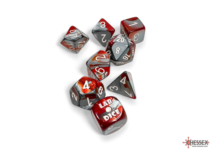 Chessex Gemini Red-Steel/white Polyhedral 7-Dice Set (with bonus die) CHX 30066 (Preorder)