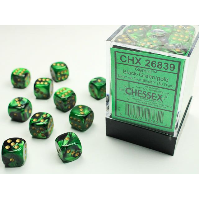 Chessex Gemini 12mm D6 Black-Green/Gold (36) (CHX 26839)