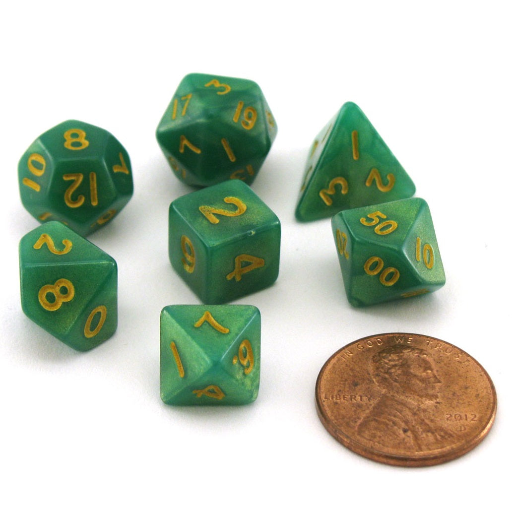 Metallic Dice Games - Mini Polyhedral Dice Set Gold Numbers Green/Light Green