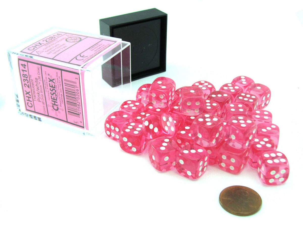 Chessex D6 Dice Translucent 12mm d6 Pink/white Dice Block (36 Dice)