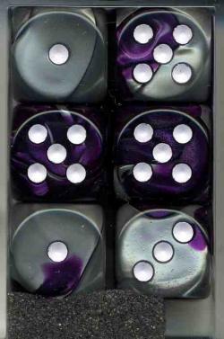 Chessex Gemini Purple-Steel/White 16mm d6 Dice Block (12 Dice) - CHX 26632