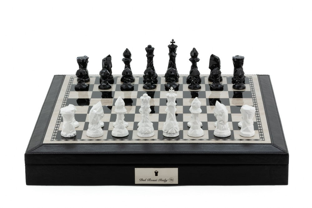 Dal Rossi 18 Black Leather Chess Box with Diamond Cut Chessmen