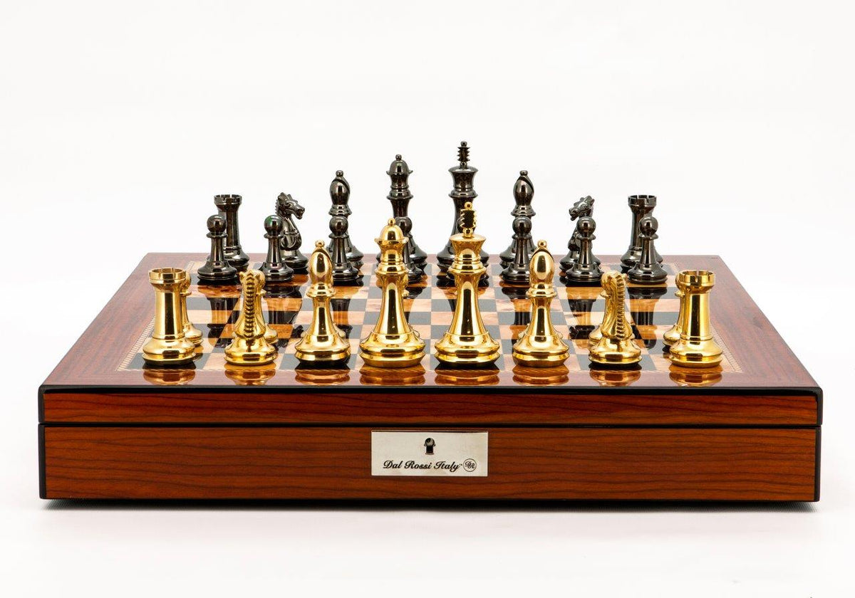 Dal Rossi Italy Chess Set Walnut Shinny Finish 20inch With Compartments, With Very Heavy Brass Staunton Gold and Silver Chessmen 110mm