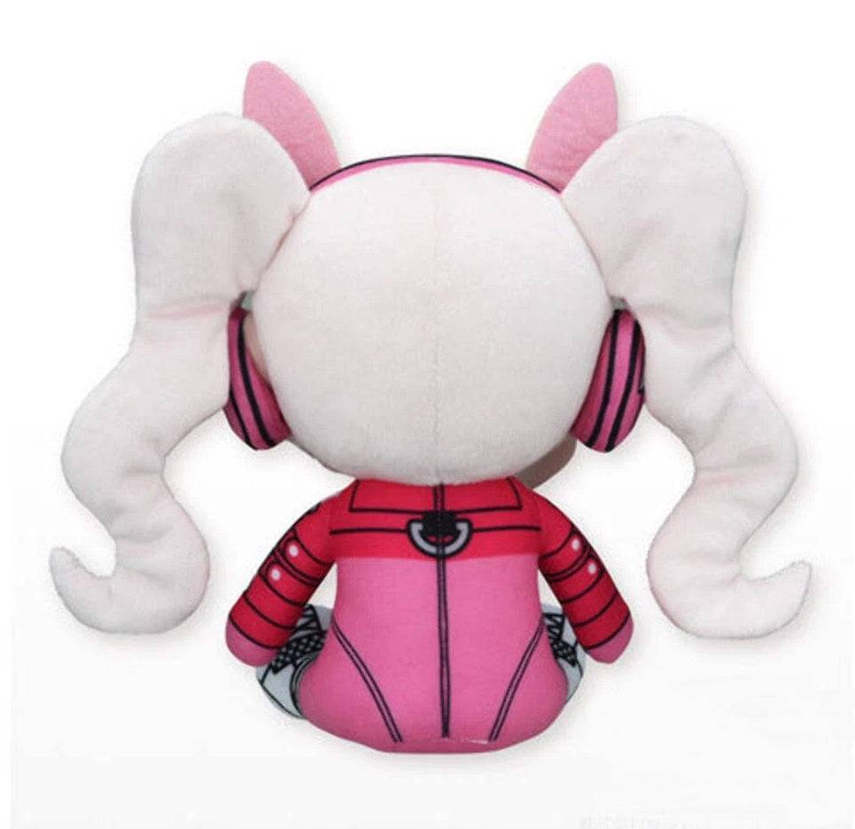 Rear view of Alice plush showing white hair and dress bow