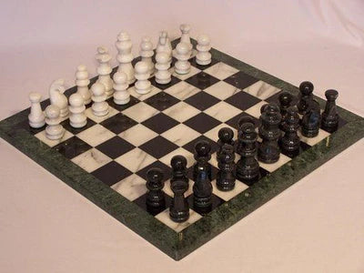 Chess Set Marble Black &amp; White Green Edge 16 inch Marble