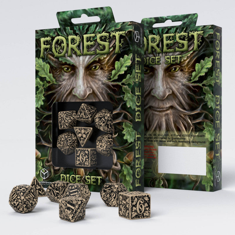 Q Workshop - Beige &amp; Black Forest 3d Dice Set (7) Box