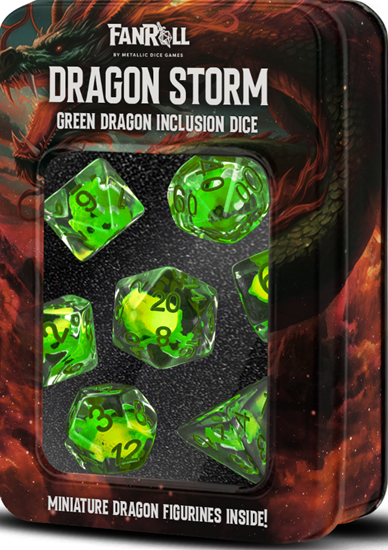 Metallic Dice Games - Resin 16mm Poly Dice Set - Dragon Storm Inclusion Resin Green Dragon