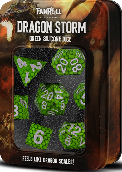Metallic Dice Games - Silicone 16mm Poly Dice Set - Dragon Storm Silicone Green Dragon Scales