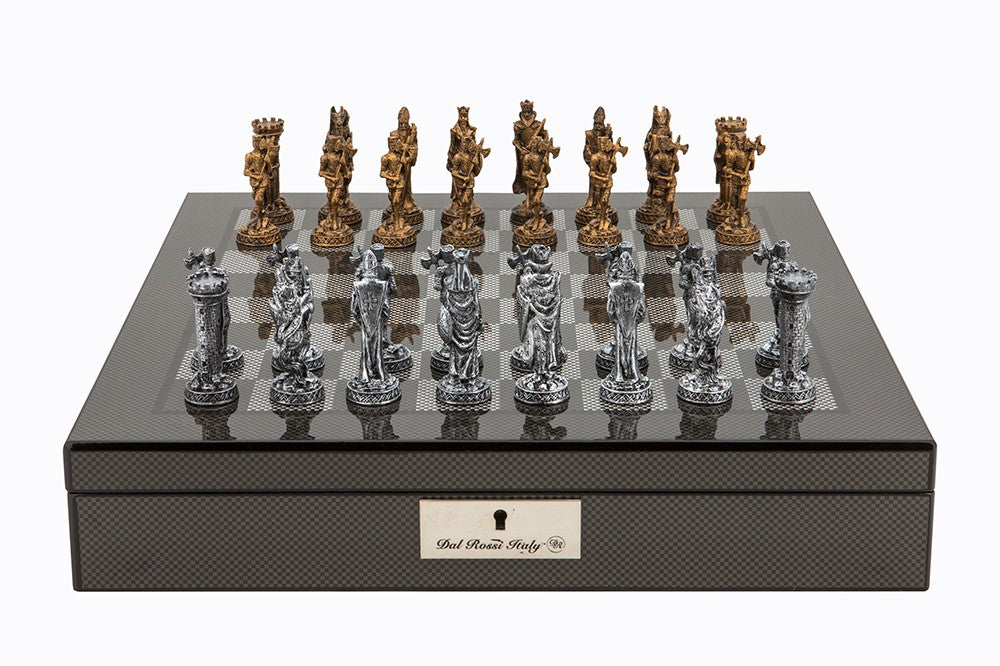 Dal Rossi Carbon Fibre Chess Box with Compartments 16inch with Medieval Pewter Chessmen