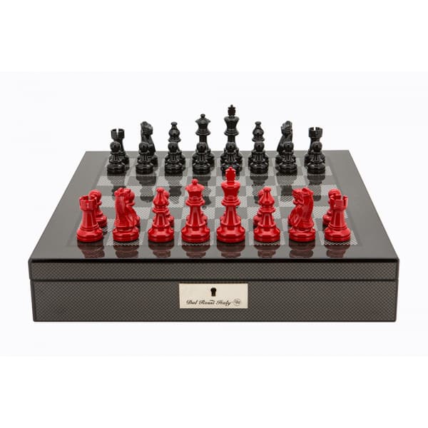 Dal Rossi Carbon Fibre Shiny Finish chess box with compartments 16inch With French Lardy Black/Red 85mm Chessmen