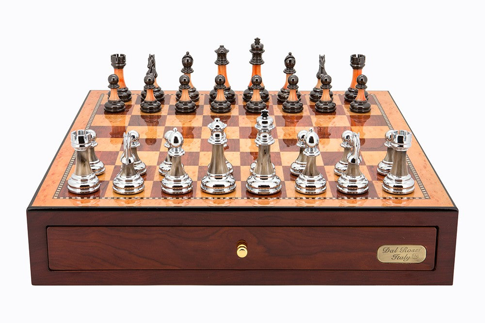 Dal Rossi Italy Red Mahogany Finish chess box with compartments 18inch with Staunton Metal/Marble Finish Chessmen