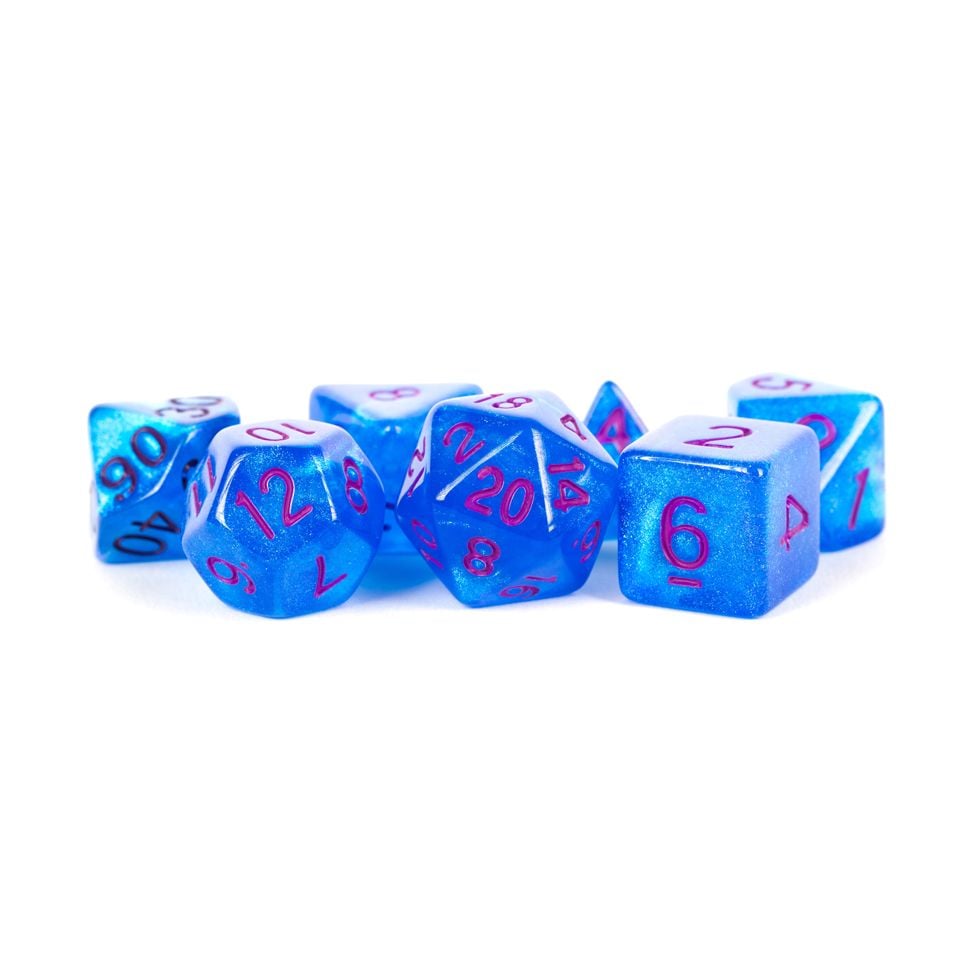 Metallic Dice Games - Polyhedral Acrylic Dice Set 16mm With Purple Numbers - Stardust Blue