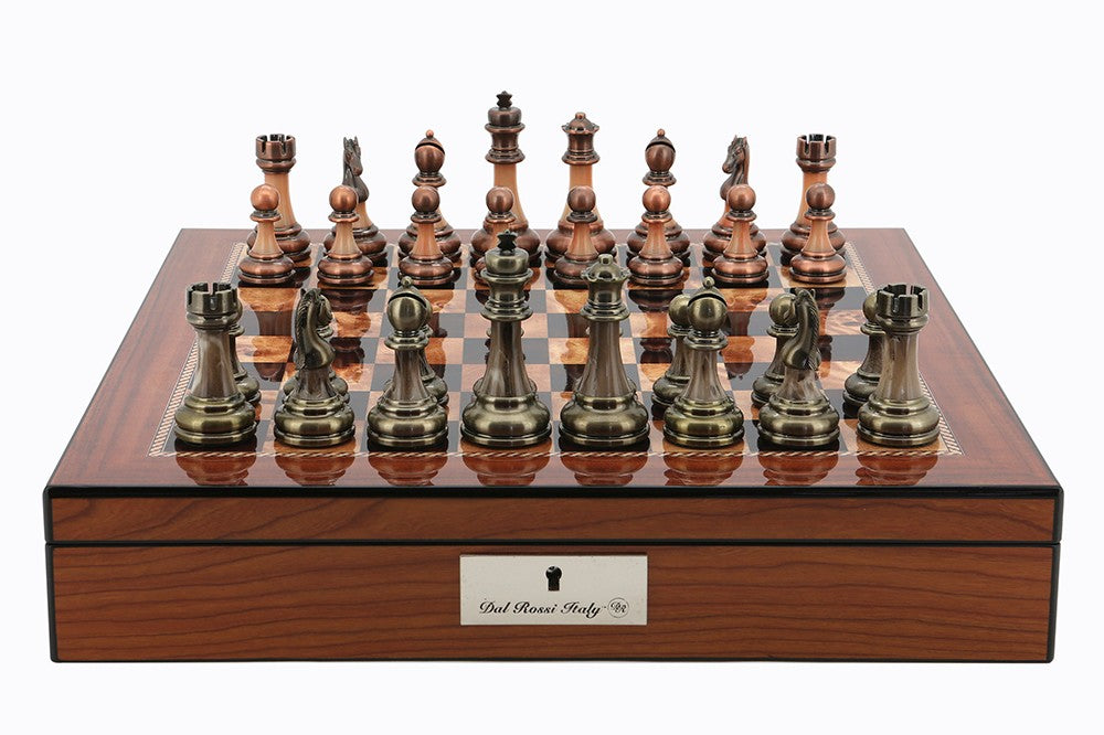 Dal Rossi Walnut Finish chess box with Lock &amp; Compartments 16inch with Antique Chessmen