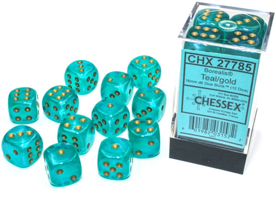 Chessex - Borealis 16mm d6 Teal/gold Luminary Dice Block™ (12 dice)