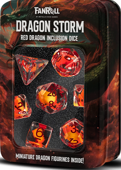 Metallic Dice Games - Resin 16mm Poly Dice Set - Dragon Storm Inclusion Resin Red Dragon