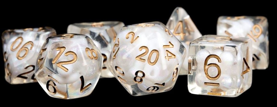 Metallic Dice Games - Resin Polyhedral Dice Set 16mm - Pearl with Copper Numbers