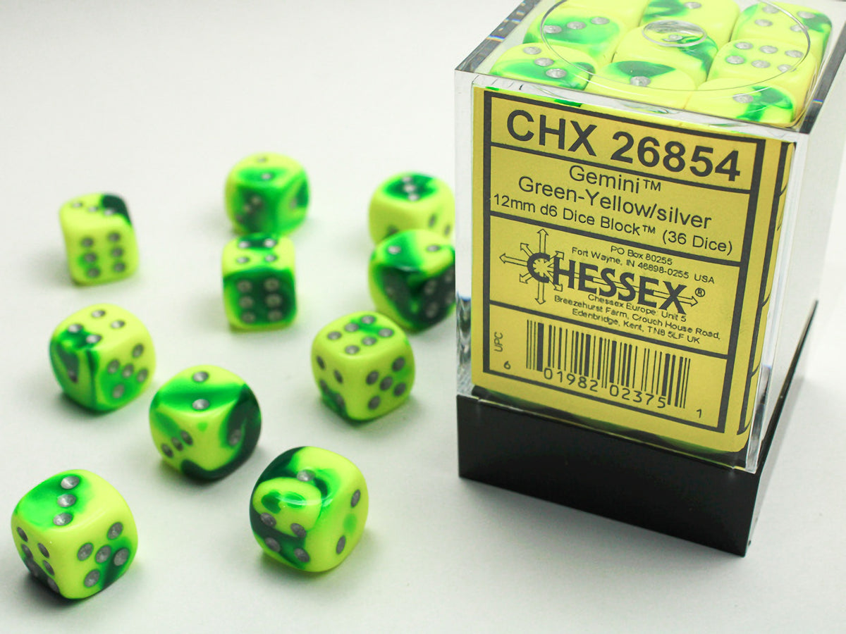 Chessex - Gemini 12mm D6 Set - Green Yellow/Silver (CHX26854)