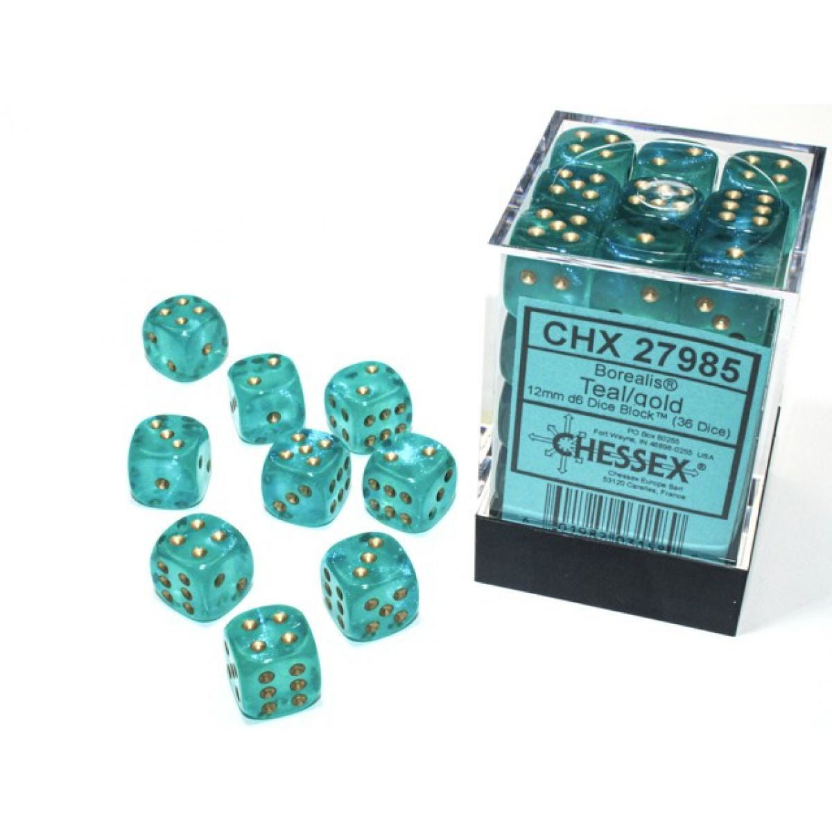 Chessex - Borealis 12mm d6 Teal/gold Luminary Block (36) CHX 27985