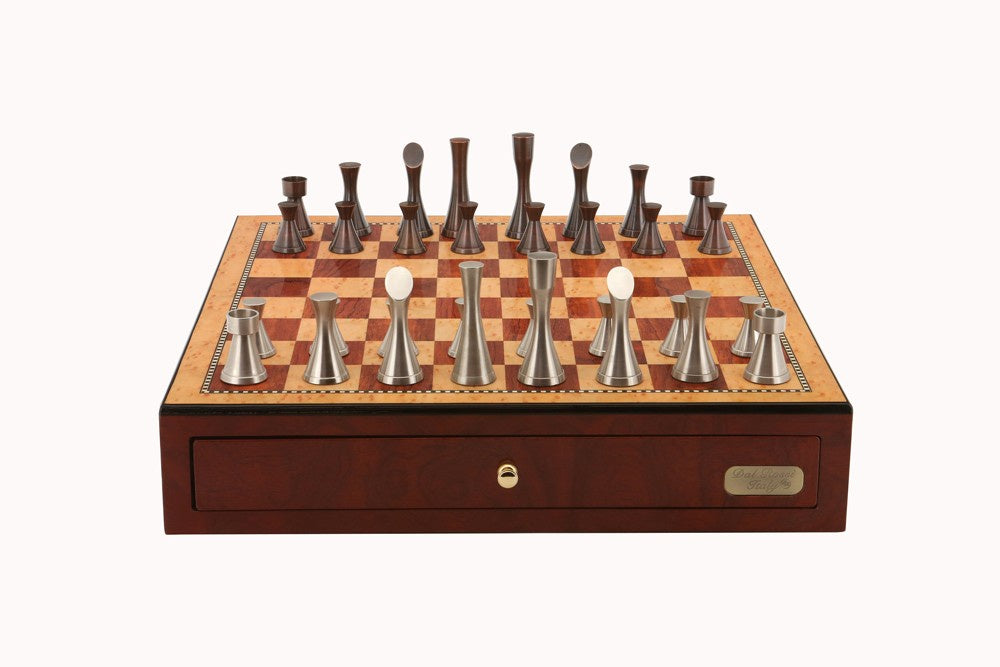 Dal Rossi Chess Set Contemporary Pewter Pieces w/ Red Mahogany Board