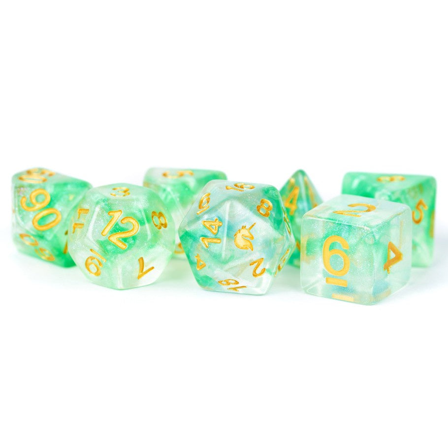 Metallic Dice Games - Unicorn Resin Polyhedral Dice Set - Icy Everglades