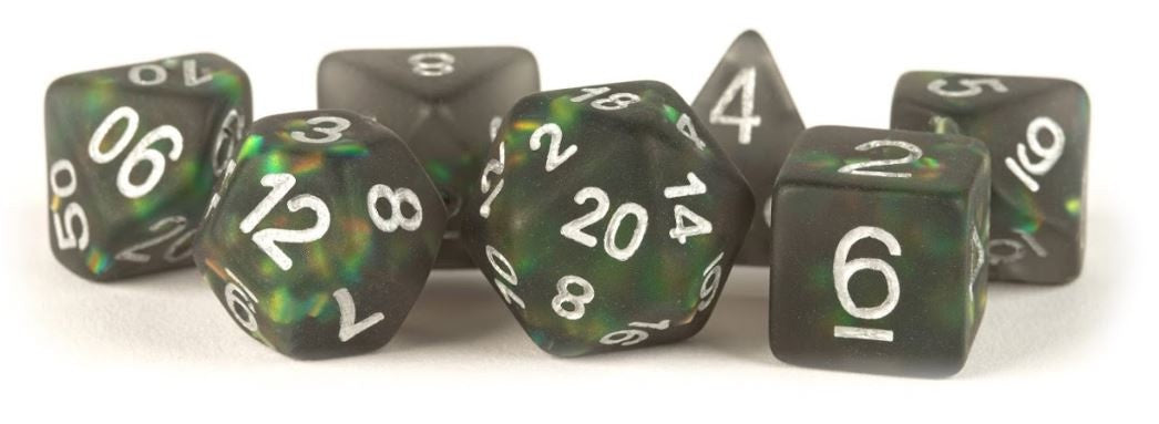 Metallic Dice Games - Resin Icy Opal Dice Set 16mm Polyhedral - Black with Silver Numbers