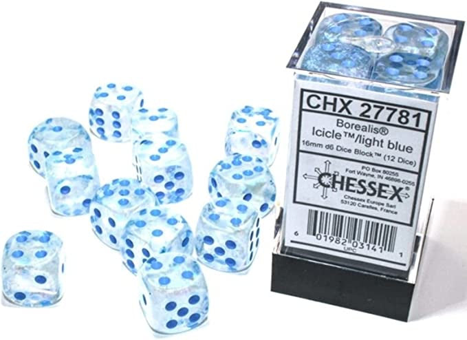 Chessex - Borealis 16mm D6 set - Icicle/Light Blue (12) (CHX 27781)
