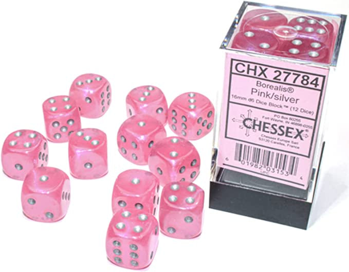 Chessex - Borealis 16mm D6 set - Pink/Silver (12)