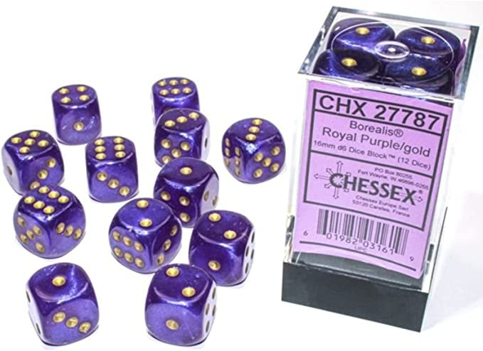 Chessex - Borealis 16mm d6 set - Royal Purple/Gold (12)