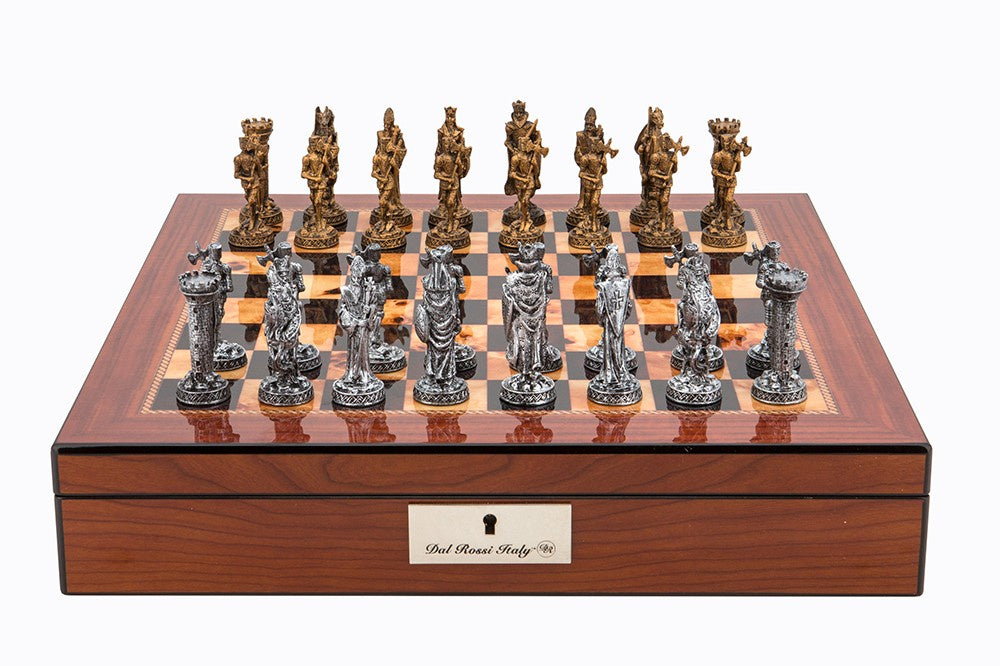 Dal Rossi Italy Walnut Finish Chess Box w/ Lock 16 with Pewter Chessmen
