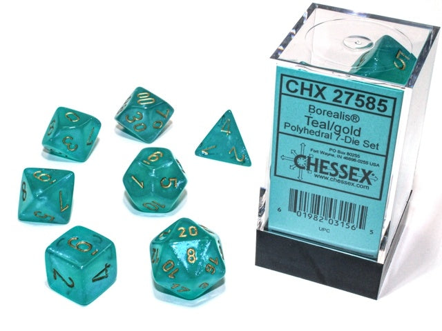 Chessex - Borealis Luminary Polyhedral 7-Die Set - Teal/Gold (CHX27585)