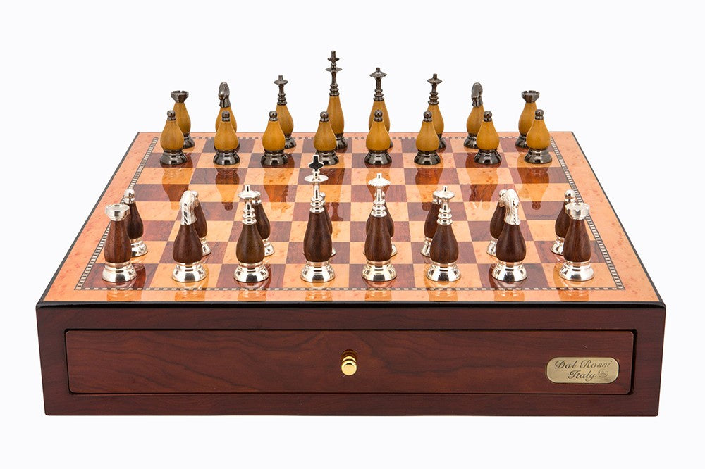 Dal Rossi Metal/Wood Chess Set on Red Mahogany Board