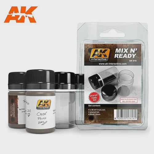 AK Interactive Auxiliaries - Mix N Ready (4 Empty Jars With Labels)