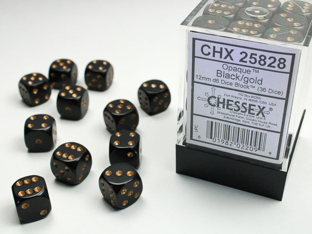Chessex - Opaque 12mm D6 Set - Black/Gold (CHX25828)
