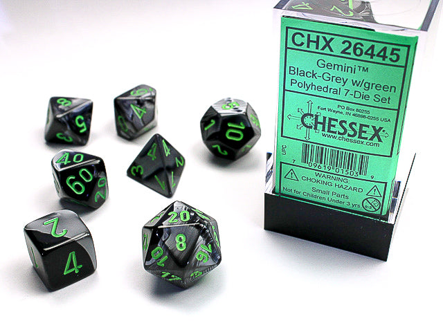Chessex - Gemini Polyhedral 7-Die Set - Black Grey/Green (CHX26445)