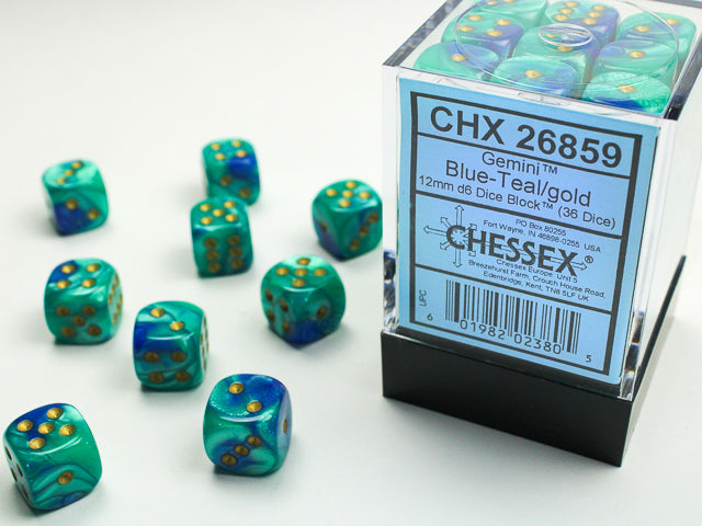 Chessex - Gemini 12mm D6 Set - Blue Teal/Gold (CHX26859)