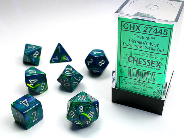 Chessex - Festive Polyhedral 7-Die Set - Green/Silver (CHX27445)