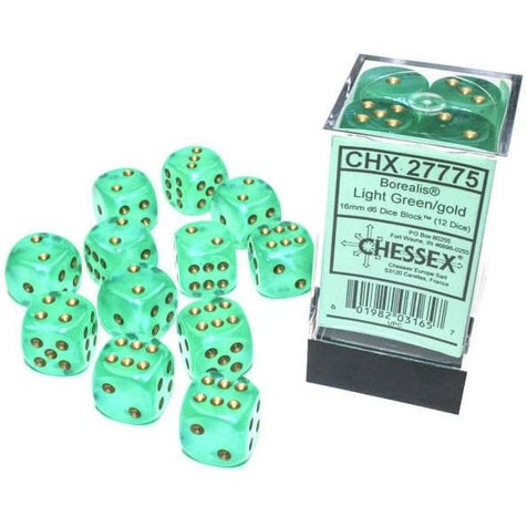 Chessex - Borealis 16mm D6 set - Light Green/Gold (12) (CHX 27775)