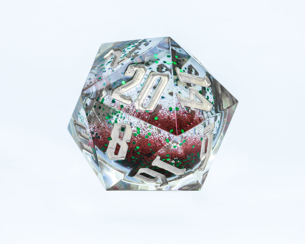 Sirius Dice - Silver Ink Silver Glitter Red and Green Snowflakes D20 Snow Globe