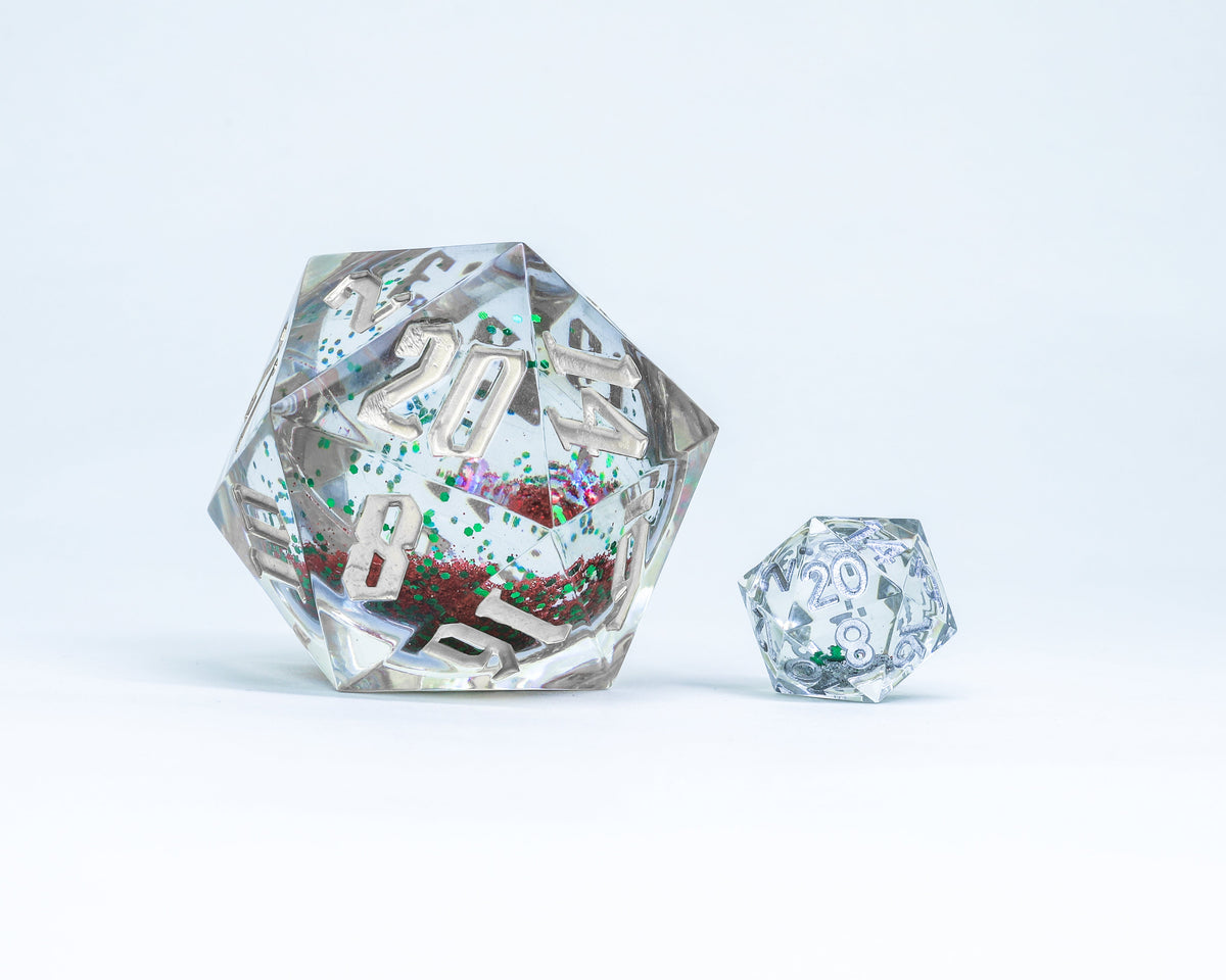 Sirius Dice - Silver Ink Silver Glitter Red and Green Snowflakes D20 Snow Globe