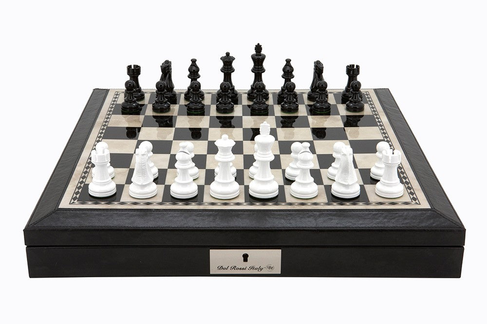 Dal Rossi 18 Chess Set Black and White with PU Leather Edge with compartments and Black and White 85mm Chess Pieces