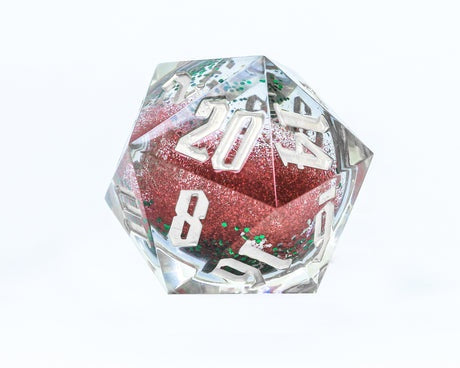Sirius Dice - Silver Ink Silver Glitter Red and Green Snowflakes D20 Snow Globe